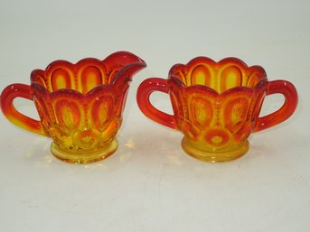 Vintage L.E. Smith Glass Creamer And Sugar Bowl Amberina Red Or Flame Moon And Stars