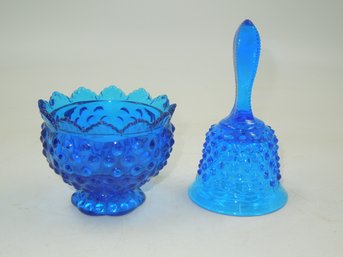Vintage Blue Hobnail Glass Candle Holder And Bell