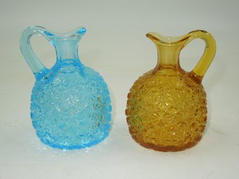 Pair Of Nice Vintage Blue & Amber Glass 4.5' Tall Pitchers