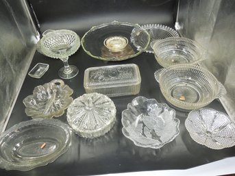 Large Vintage Glassware / Glass Lot - Cake Stand, Serving Bowls, Covered Candy Dishes, Plates & More
