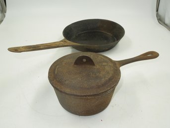 Vintage Cast Iron 5.5' Pot/pan With Lid & Metal 9' Skillet