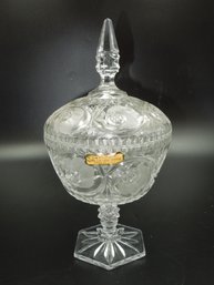 Very Nice Hand Cut Lead Crystal Made In Italy Footed 12' Tall Candy Dish With Lid