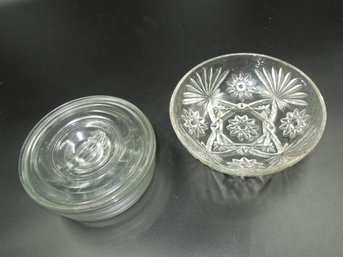Cut Glass 7' Diameter Bowl / Dish & 5.75' Diameter Glass Dish With Lid