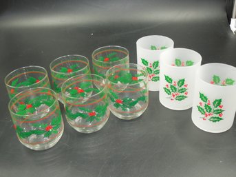 Lot Of Christmas Holly / Holiday Themed Cups - (6) Clear & (2) Frosted