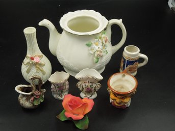 Teapot Music Box, Vases, Flower Decor, Small Stein & Face Shaped Cup Lot