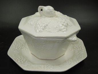 Vintage California Pottery Grape Themed Soup Tureen - 8.25' Covered Bowl/dish With Under Plate