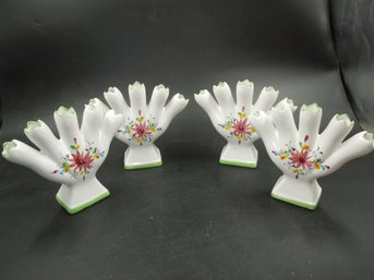 Lot Of 4 Vintage Flower Themed Five Finger Bud Vases - 7'x6' - Made In Portugal