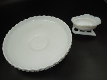 Westmoreland Milk Glass Sled Shaped Candy Dish & 12' Hobnail Serving Bowl/Platter