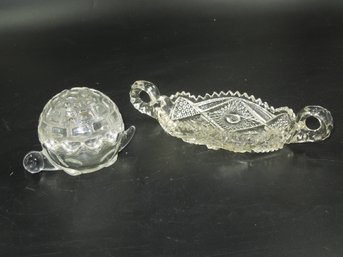 Turtle Shaped Anchor Hocking Covered Dish W/shell Lid And Cut Glass Butter Dish