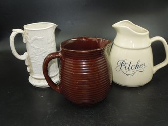 Lot Of 3 Pottery / Ceramic Pitchers