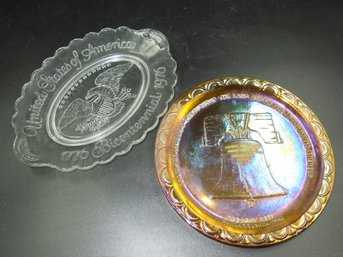 8' Carnival Glass Liberty Bell Plate & 9.25' Oval Eagle Themed Dish