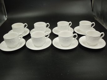 Set Of 8 Myott Fine Ironstone Staffordshire England All White Fruit Themed Tea / Coffee Cup & Saucer Set