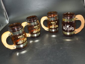 Brown Amber Glass Beer Mugs With Wood Handle 'Went To P...Leave This Drink Alone'
