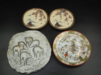 Signed Pig Themed Wall Plaque & Asian / Oriental Decor Plates