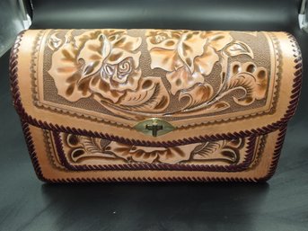 Beautiful Rose / Flower Themed Tooled Leather Shoulder Purse / Bag - 12.5'x7.75'
