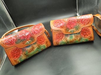Pair Of Rose / Flower Themed Tooled Leather Shoulder Purses / Bags - Each 12' Long