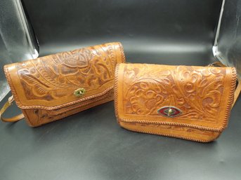 Pair Of Tooled Leather Shoulder Purses / Bags