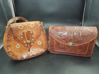 Pair Of Tooled Leather Shoulder Purses / Bags - 12'x8' & 11'x10'