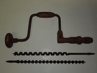 Large 18' Vintage Hand Drill & Two 17' Long Drill Bits
