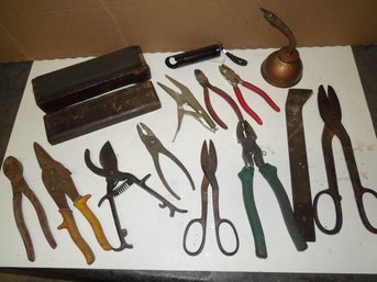 Vintage Tools - Crow Bar, Oil Can, Pliers, Sharpening Stone & More