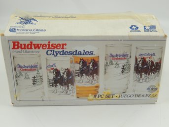 8 Pc. Set Of Budweiser Clydesdales Horse 16oz Tumber Glass Cups Boxed