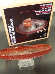 Vintage Indiana Glass Ruby Band 12' Cake Stand / Footed Plate Boxed
