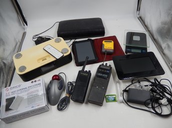 Electronics Lot (Vintage 2-Way Radios, Speaker System, HDD Enclosure, Tablet, Digital Photo Frame & Mouse)