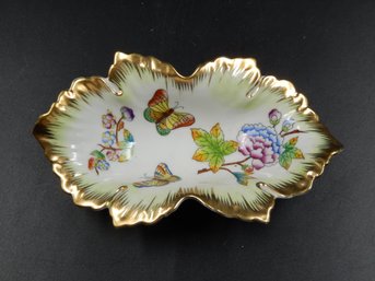 Vintage Herend Hand Painted Leaf Dish Candy Bowl - Hungary - Butterfly / Garden Theme