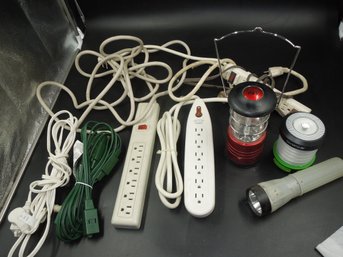 Lot Of Power Strips, Extension Cords & Flashlight