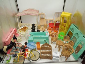 Vintage Doll House Playset Furniture  & Accessories (wicker Chairs, Bicycle, Bath Tub, Bed, Piano, Stove)