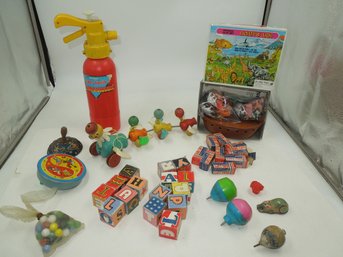 Vintage Toy Lot With New Noah's Ark Miniature Play Set, Letter Blocks, Marbles And More