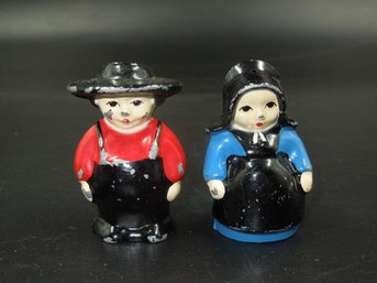 Set Of Vintage Farmer / Pilgrim Figure Themed Salt And Pepper Shakers - Metal / Heavy About 2.25' Tall