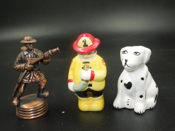 Vintage Fireman / Dog Themed Salt And Pepper Shaker Set & Firefighter Metal Pencil Sharpner