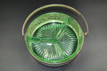 Green Depression Glassware Glass 3-section Divided Candy Dish W/metal Carrier / Holder - 6.25' Diameter