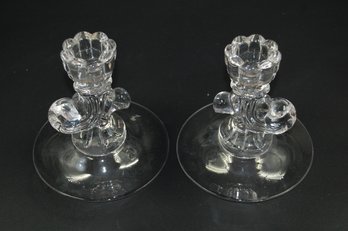Pair Of Very Nice Clear Glass Candle Stick Holders - 5' Tall, 5' Base