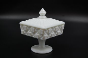 Vintage Westmoreland Milk Glass Footed Square Candy Dish With Lid - 6' Tall, 4.75' Diameter