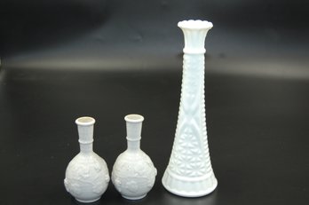 Vintage Milk Glass Vases - One 8.75' Tall Long Stem & Two 4' Tall Grape Themed