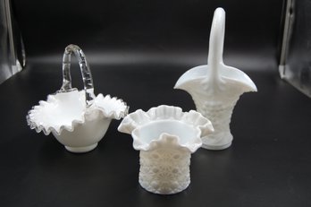 Lot Of 3 White Milk Glass / Glassware - Vases / Basket