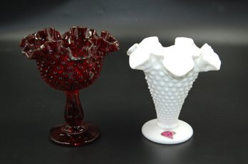 6.25' Ruby Red Fenton Hobnail Glass Footed Candy Dish & 5.5' Fenton White Hobnail Milk Glass Trumpet Vase