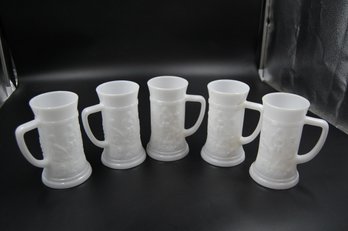 Set Of 5 Vintage White Milk Glass Matching Beer Steins / Mugs - 6' Tall