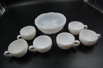 Vintage White Milk Glass 7' Diameter Bowl & 6 Mugs
