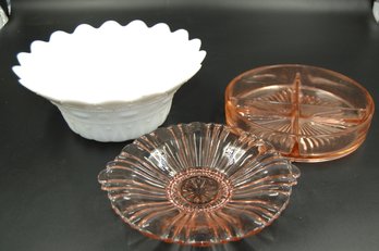 Very Nice Milk Glass 10' Bowl, Rose/pink Glass 4-section Divided Dish & 8' Dish