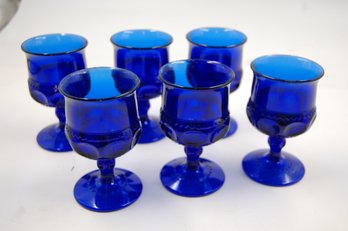 Set Of 6 Vintage Blue Glass Goblets / Cups - 4.375' Tall