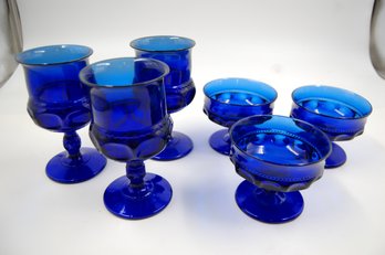Vintage Blue Glass / Glassware Lot - Three 5.5' Tall Goblets & Three 3.25' Tall Glasses / Cups