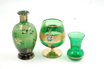Vintage Green Glass / Glassware Vases With Gold Finish Lot