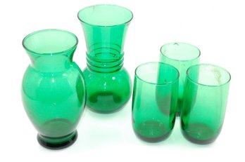 Vintage Green Glass 6.5' Vases & 4.25' Cups Lot