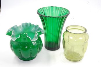 Vintage Green Glass Vases - 7.25' & 5.5' Tall