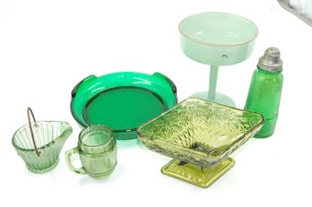 Vintage Green Glassware / Glass Lot - Candy Dish, Dish, Cup, Salt Shaker And More