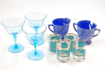 Vintage Glass / Glassware Lot - Cups, Shot Glasses, Blue Sugar And Creamer