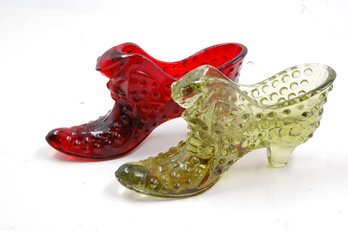Pair Of Vintage Green & Ruby Red Hobnail Shoe Shaped Art Glass - One Marked Fenton - 5.5' Long By 3' Tall